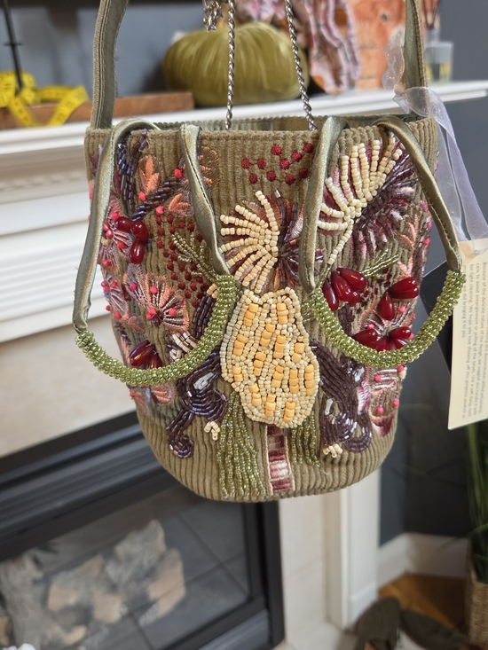 From India To You Handbags - Embroidered Beaded Floral Bucket Bag - Olive Green